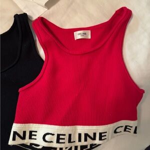 Celine Red and Black Ribbed Logo Crop Top